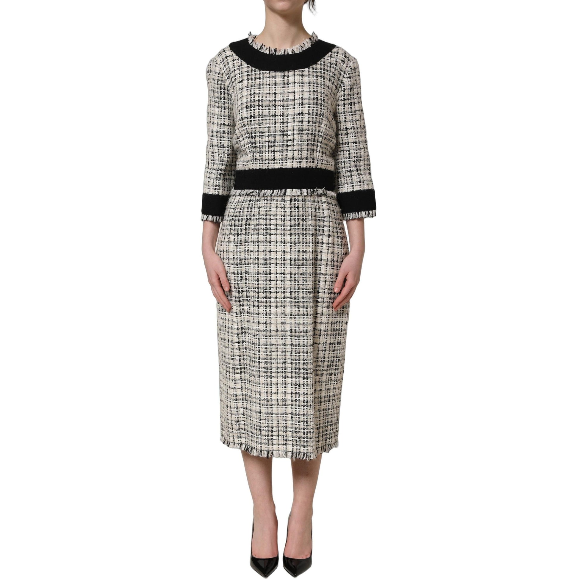 Dolce & Gabbana Multicolor Bouclé Tweed Frayed Trim Midi Dress