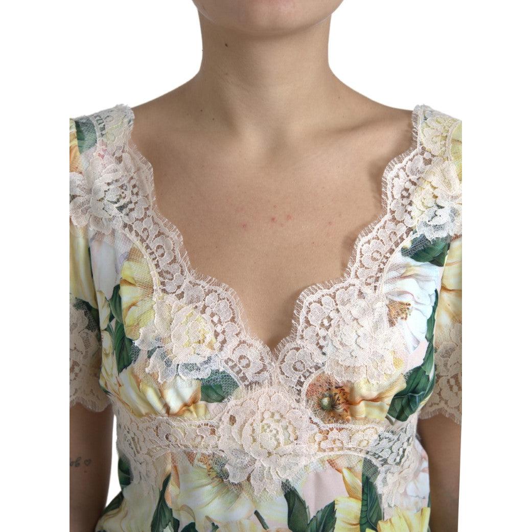 Dolce & Gabbana Multicolor Floral Lace V Neck Blouse