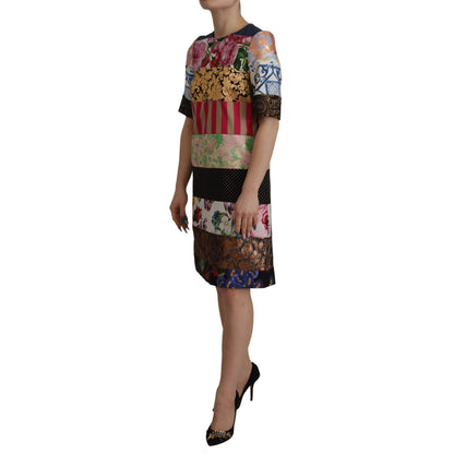 Dolce & Gabbana Multicolor Pachwork Floral Sheath Jaquard Mini Gown Dress