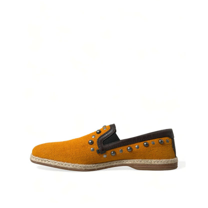 Dolce & Gabbana Orange Linen Leather Studded Loafers Shoes