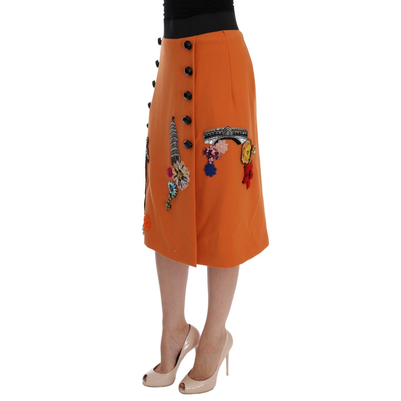Dolce & Gabbana Orange Wool Crystal Sequin Appliques Skirt