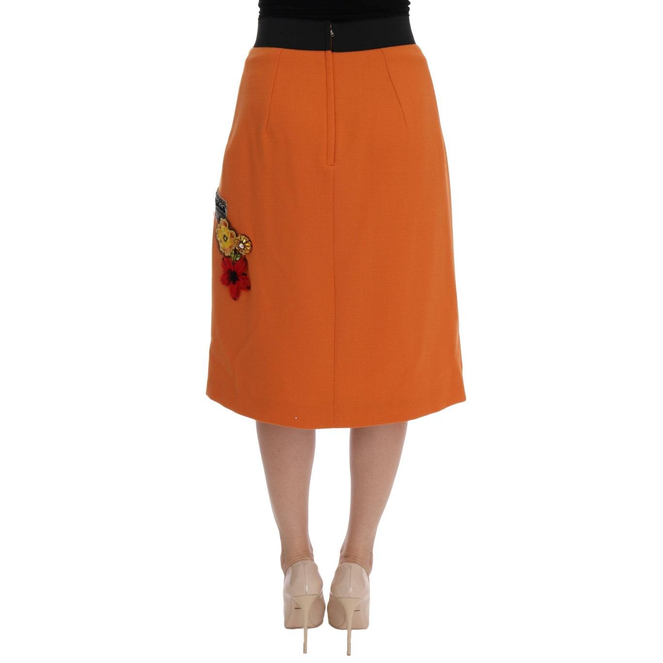Dolce & Gabbana Orange Wool Crystal Sequin Appliques Skirt