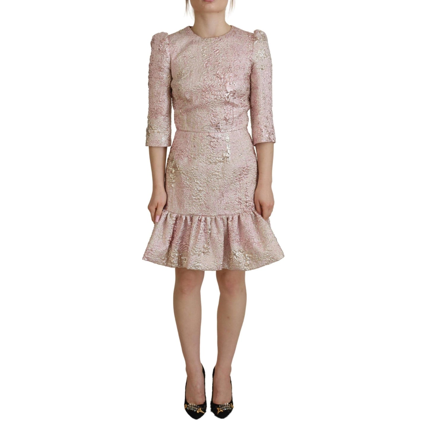Dolce & Gabbana Pink Jaquard 3/4 Sleeve Sheath Midi Dress