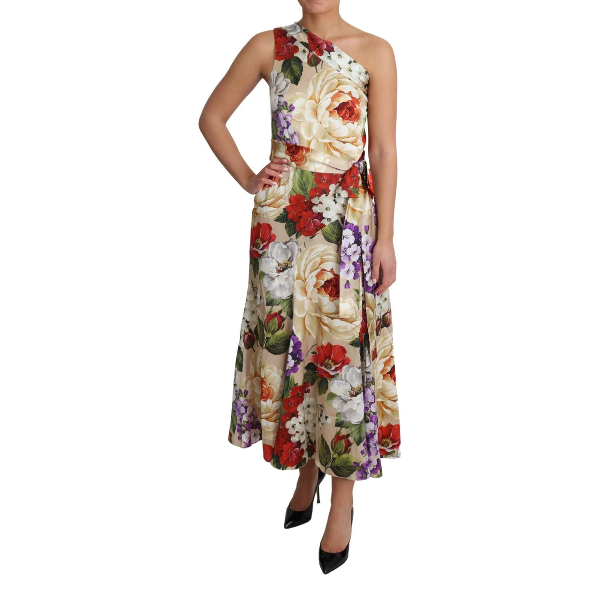 Dolce & Gabbana Print Silk Stretch One Shoulder Dress Floral