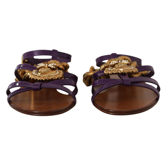 Dolce & Gabbana Purple Leather Devotion Flats Sandals Shoes