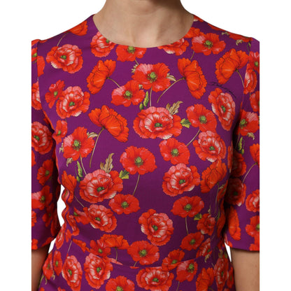 Dolce & Gabbana Purple Silk Floral Print Midi Sheath Dress