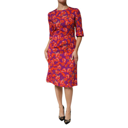Dolce & Gabbana Purple Silk Floral Print Midi Sheath Dress
