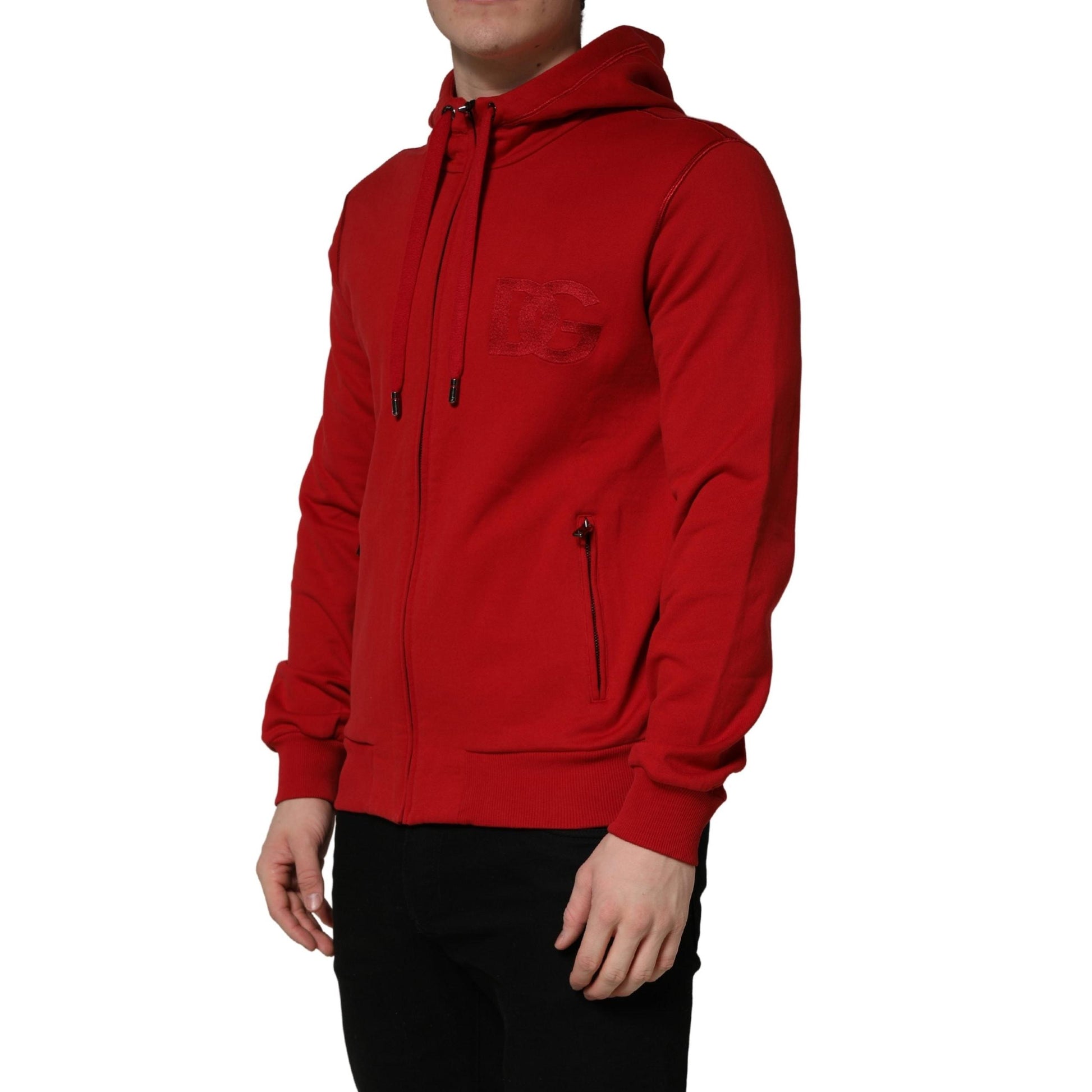 Dolce & Gabbana Red Embroidered Logo Hooded Full Zip Sweater