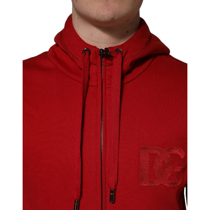 Dolce & Gabbana Red Embroidered Logo Hooded Full Zip Sweater