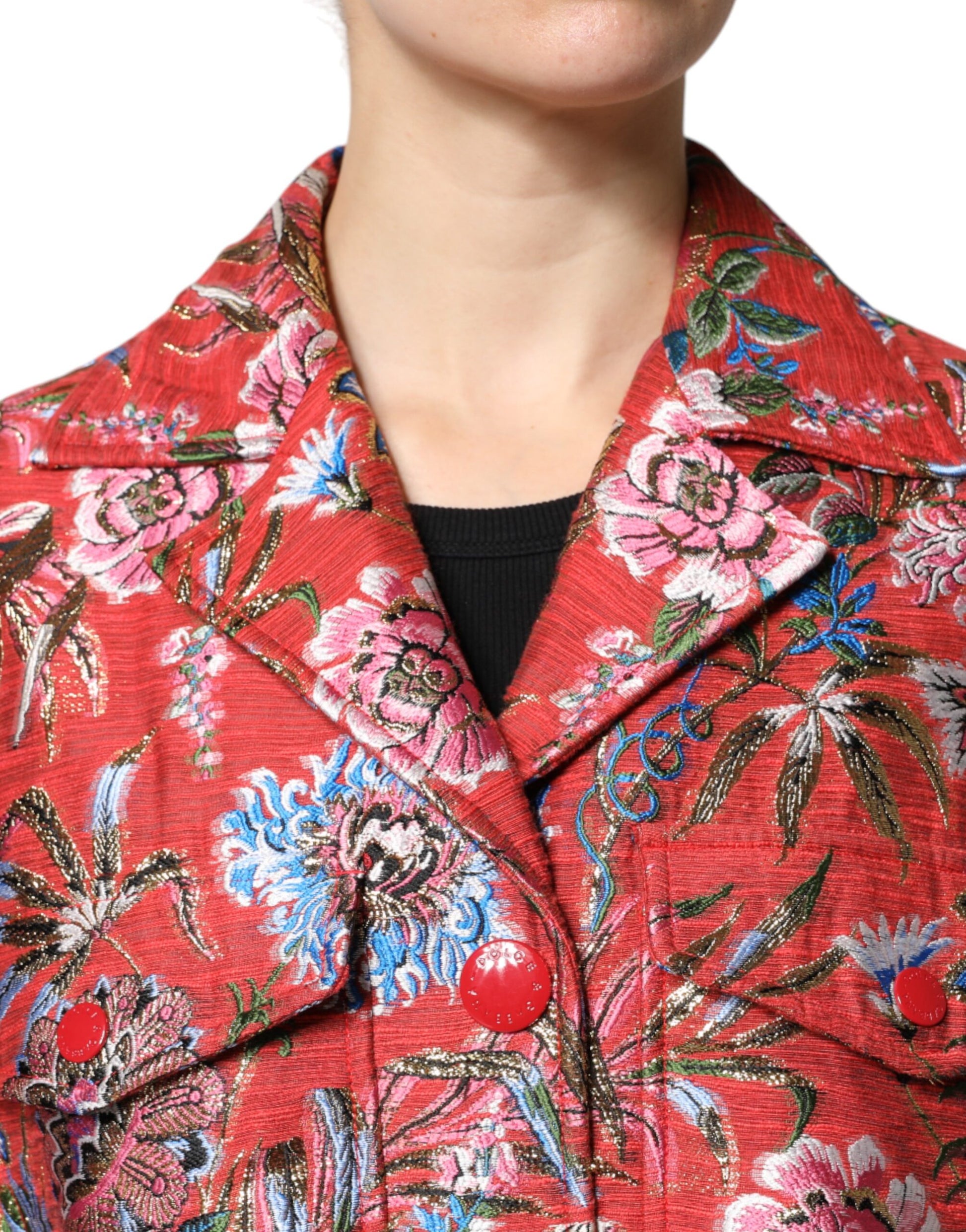 Dolce & Gabbana Red Floral Jacquard Button Down Coat Jacket