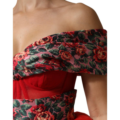Dolce & Gabbana Red Floral Off Shoulder A-line Gown Dress