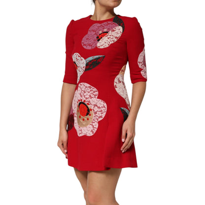 Dolce & Gabbana Red Lace Floral Applique A-line Mini Dress