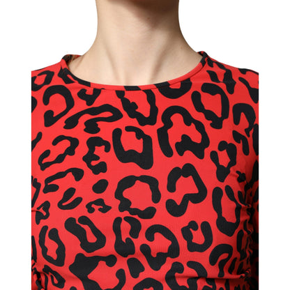 Dolce & Gabbana Red Leopard Print Long Sleeves Midi Dress