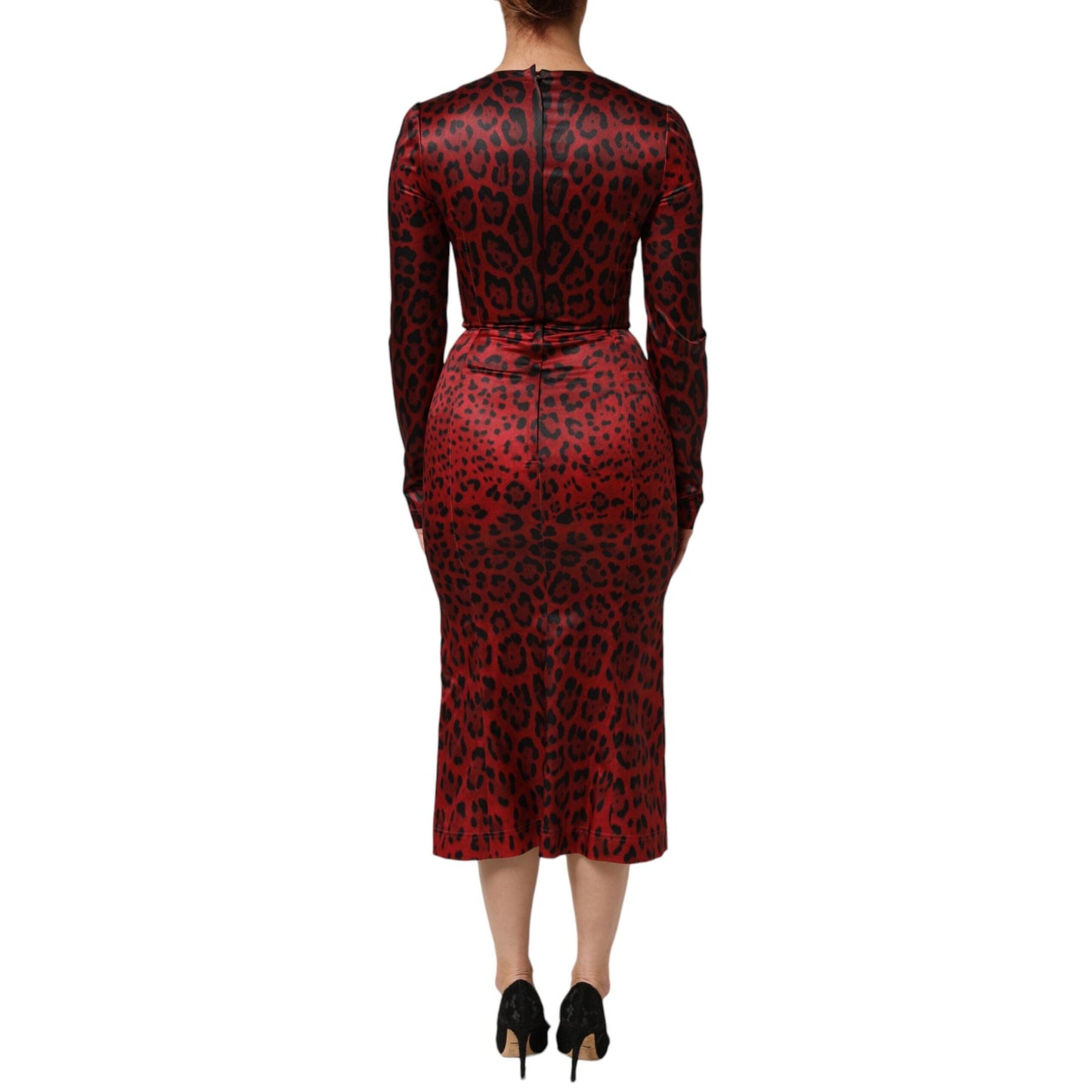 Dolce & Gabbana Red Leopard Sheath Long Sleeves Dress