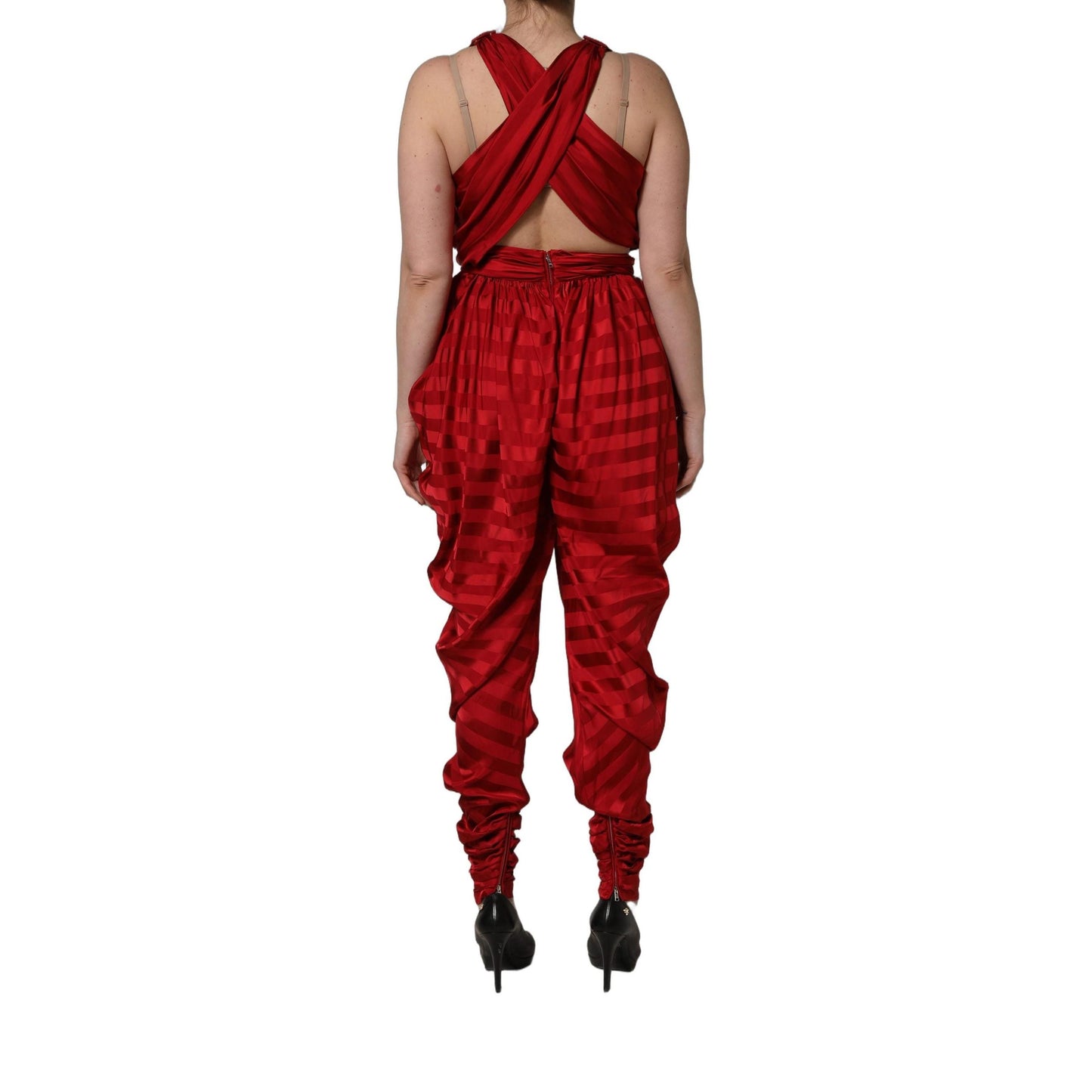 Dolce & Gabbana Red Plunging HalterNeck Draped Jumpsuit Dress