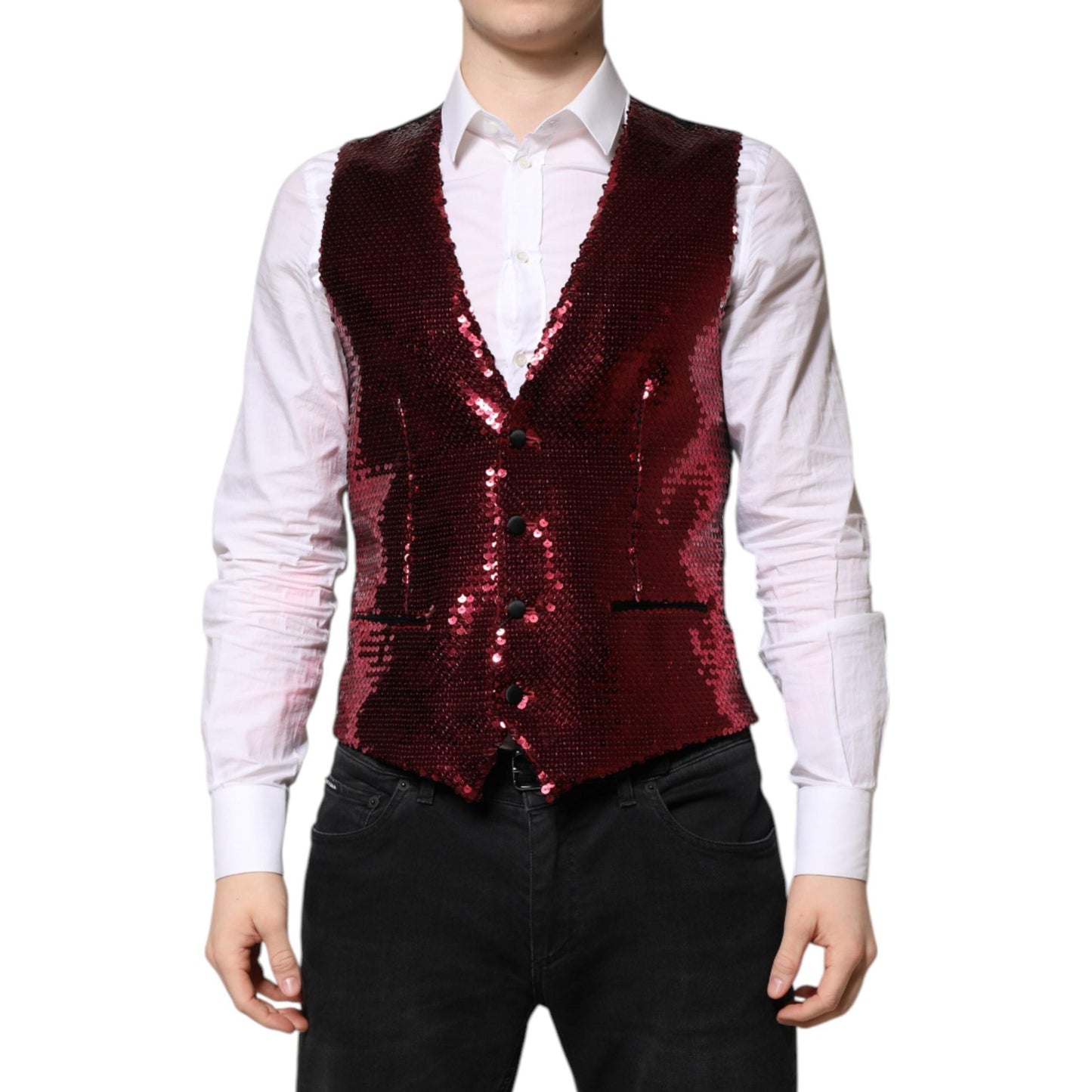 Dolce & Gabbana Red Sequined Dress Formal Men Waistcoat Vest