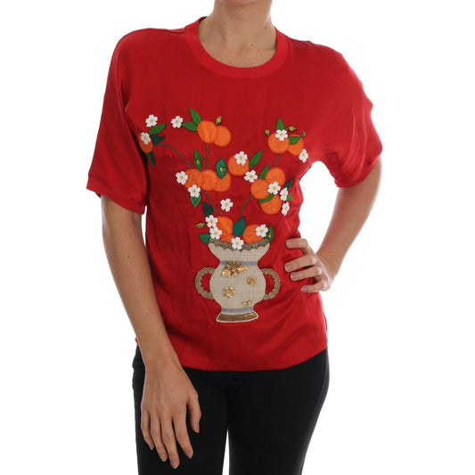 Dolce & Gabbana Red Silk Orange Vase Crystal Top