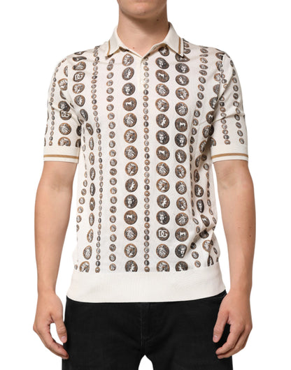 Dolce & Gabbana Silk Ivory Coin Print Logo Men Polo T-shirt