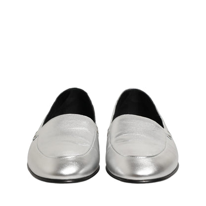 Dolce & Gabbana Silver Leather DG Logo Slip On Loafers Shoes
