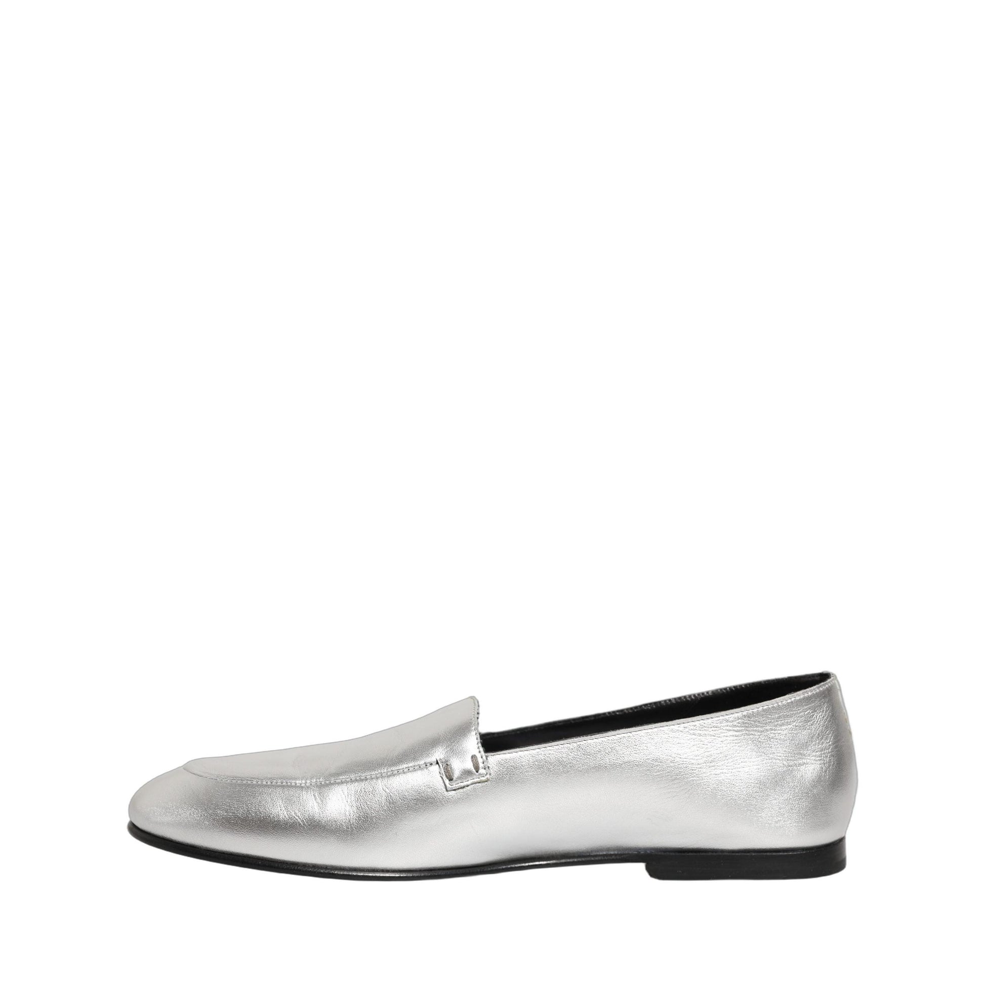 Dolce & Gabbana Silver Leather DG Logo Slip On Loafers Shoes