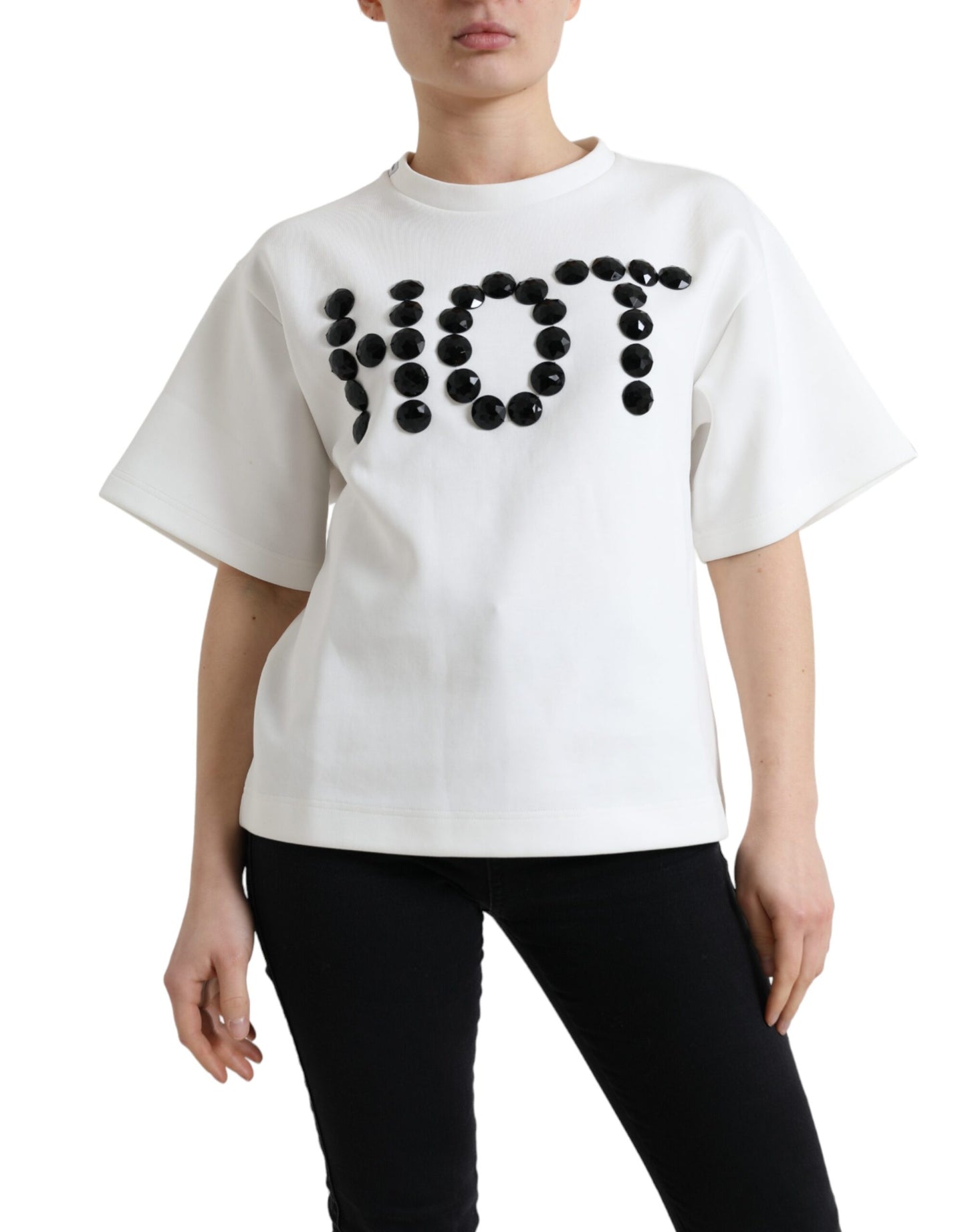 Dolce & Gabbana T-shirt Hvid Bomuld Stretch Sort HOT Crystal