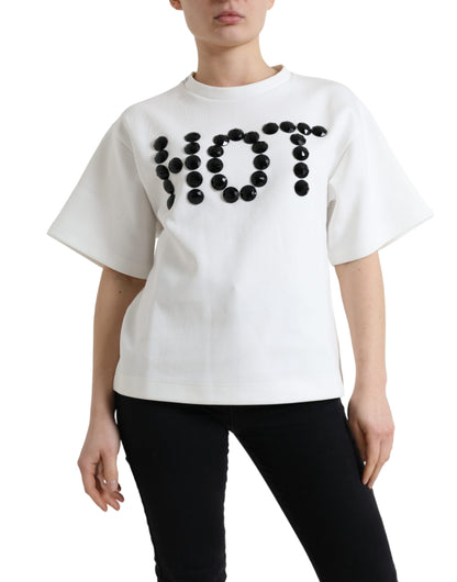 Dolce & Gabbana T-shirt Hvid Bomuld Stretch Sort HOT Crystal