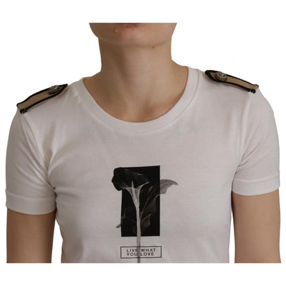 Dolce & Gabbana White Black Roses Crewneck Cotton T-shirt