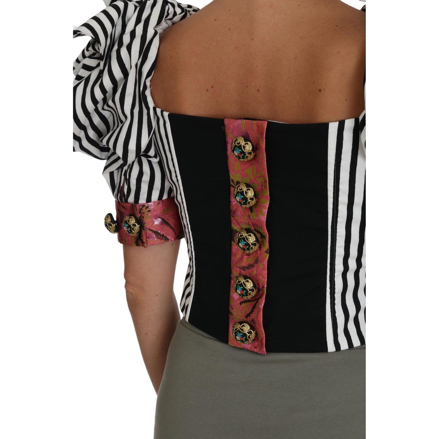 Dolce & Gabbana White Black Striped Cropped Top Puff Sleeve Shirts
