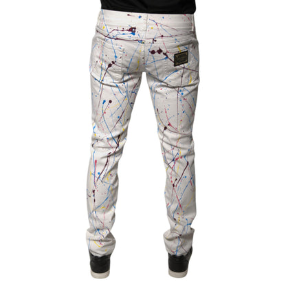 Dolce & Gabbana White Color Splash Print Skinny Denim Jeans