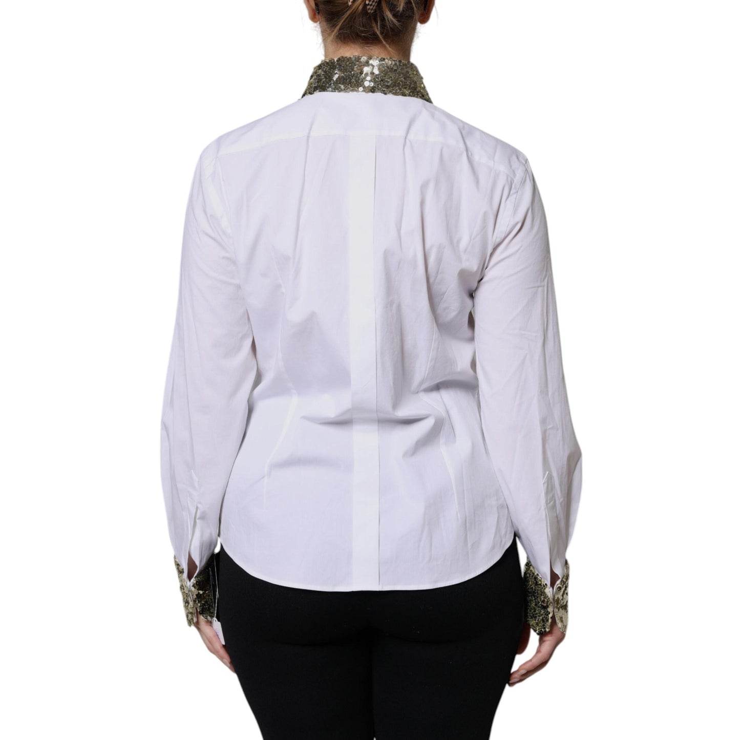 Dolce & Gabbana White Cotton Long Sleeves Sequin Shirt Top