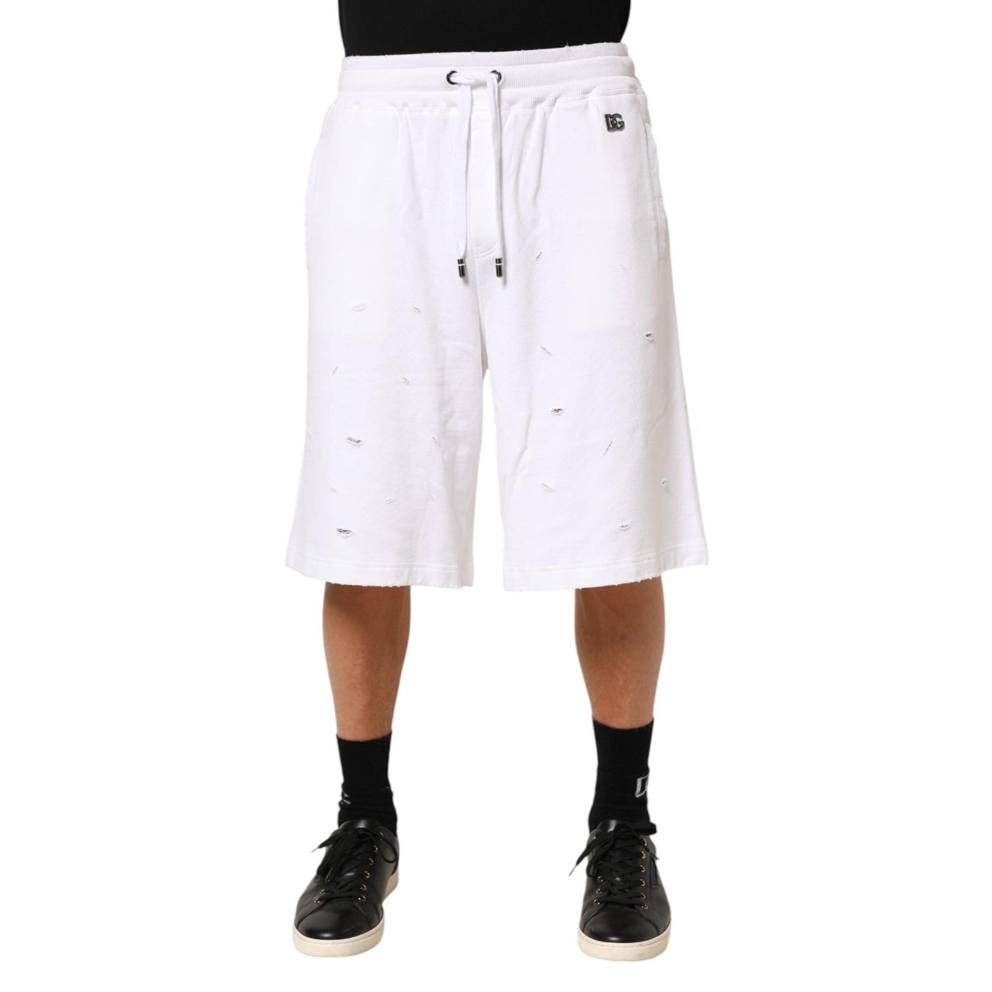 Dolce & Gabbana White Cotton Ripped Bermuda Sweatpants Shorts