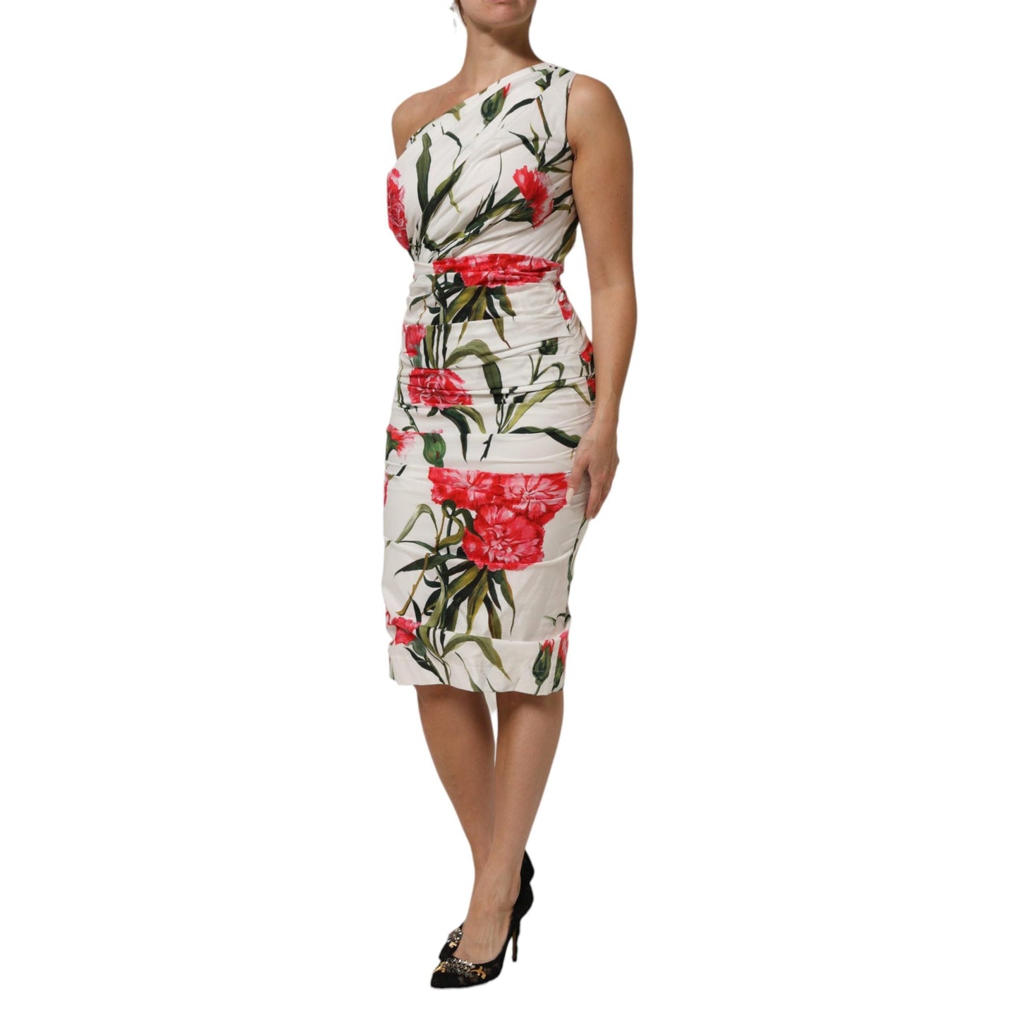 Dolce & Gabbana White Floral One Shoulder Sheath Dress