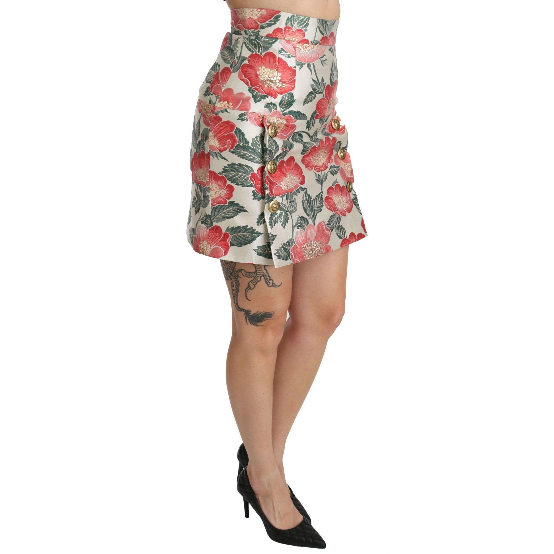 Dolce & Gabbana White Green Red Floral High Waist Mini Skirt