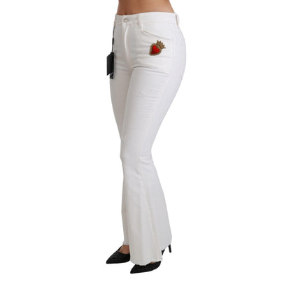 Dolce & Gabbana White Heart Flared Stretch Cotton Pants