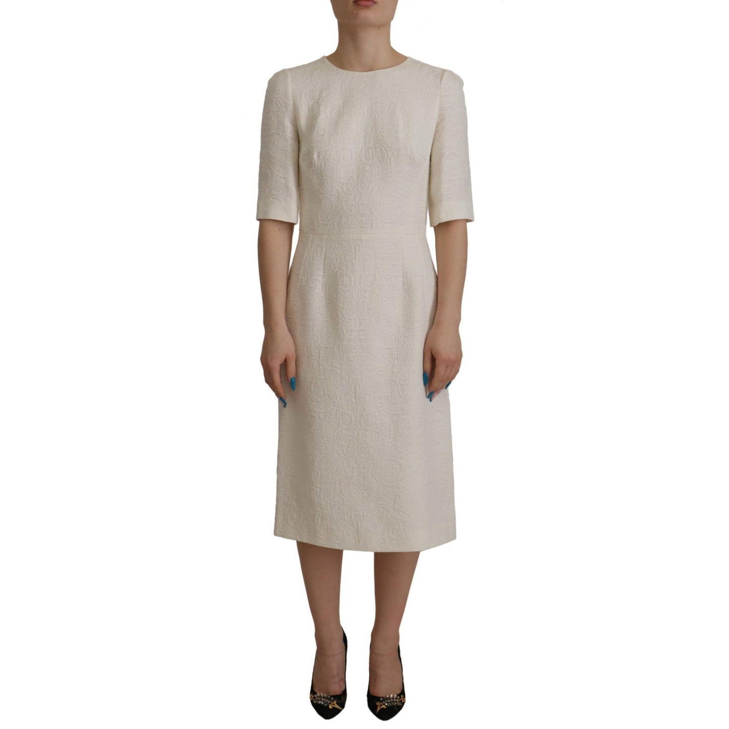 Dolce & Gabbana White Jaquard Midi Floral Sheath Brocade Dress