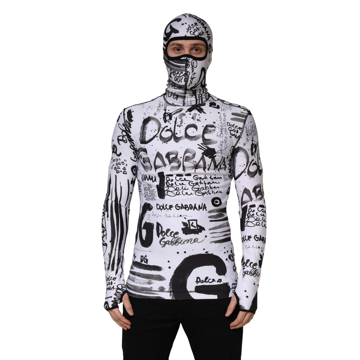 Dolce & Gabbana White Jersey Graffiti Print Balaclava Hood Sweater