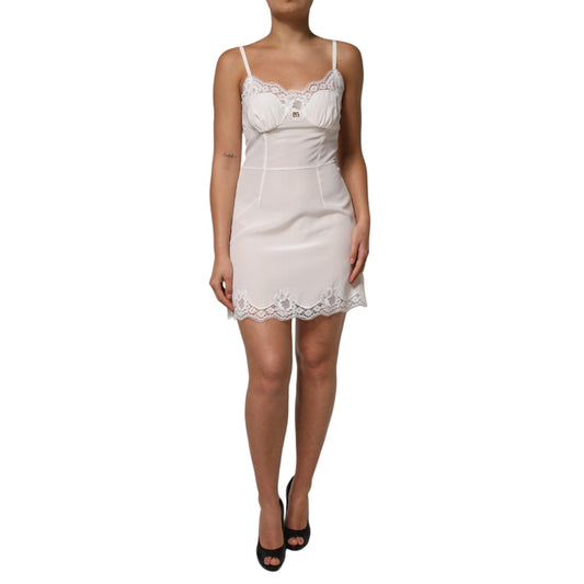 Dolce & Gabbana White Lace DG Logo Silk Dress Sleepwear