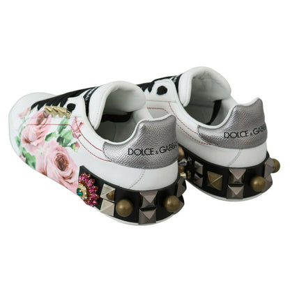Dolce & Gabbana White Leather Crystal Roses Floral Sneakers Shoes