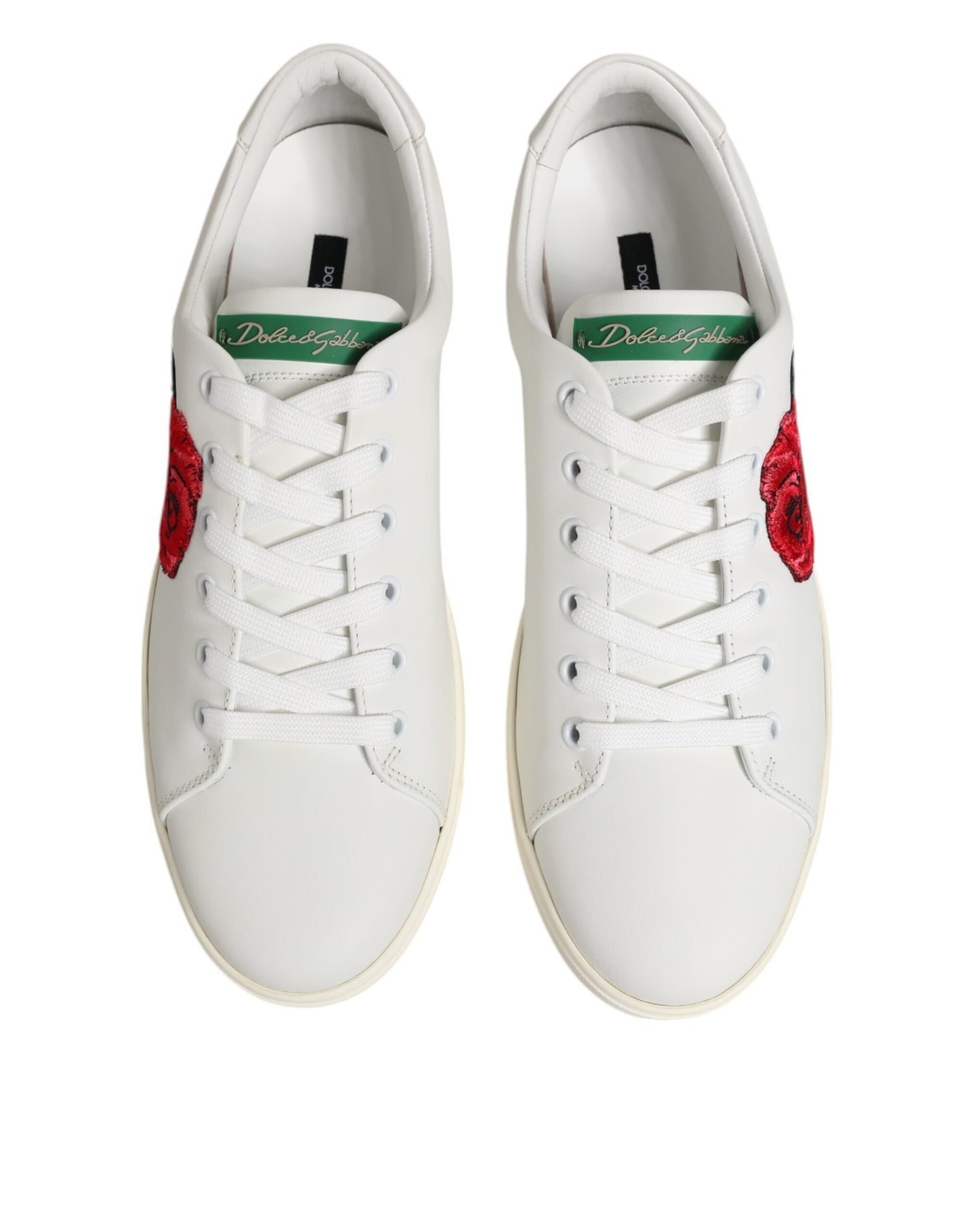 Dolce & Gabbana White Leather Rose Embroidery Low-Top Shoes