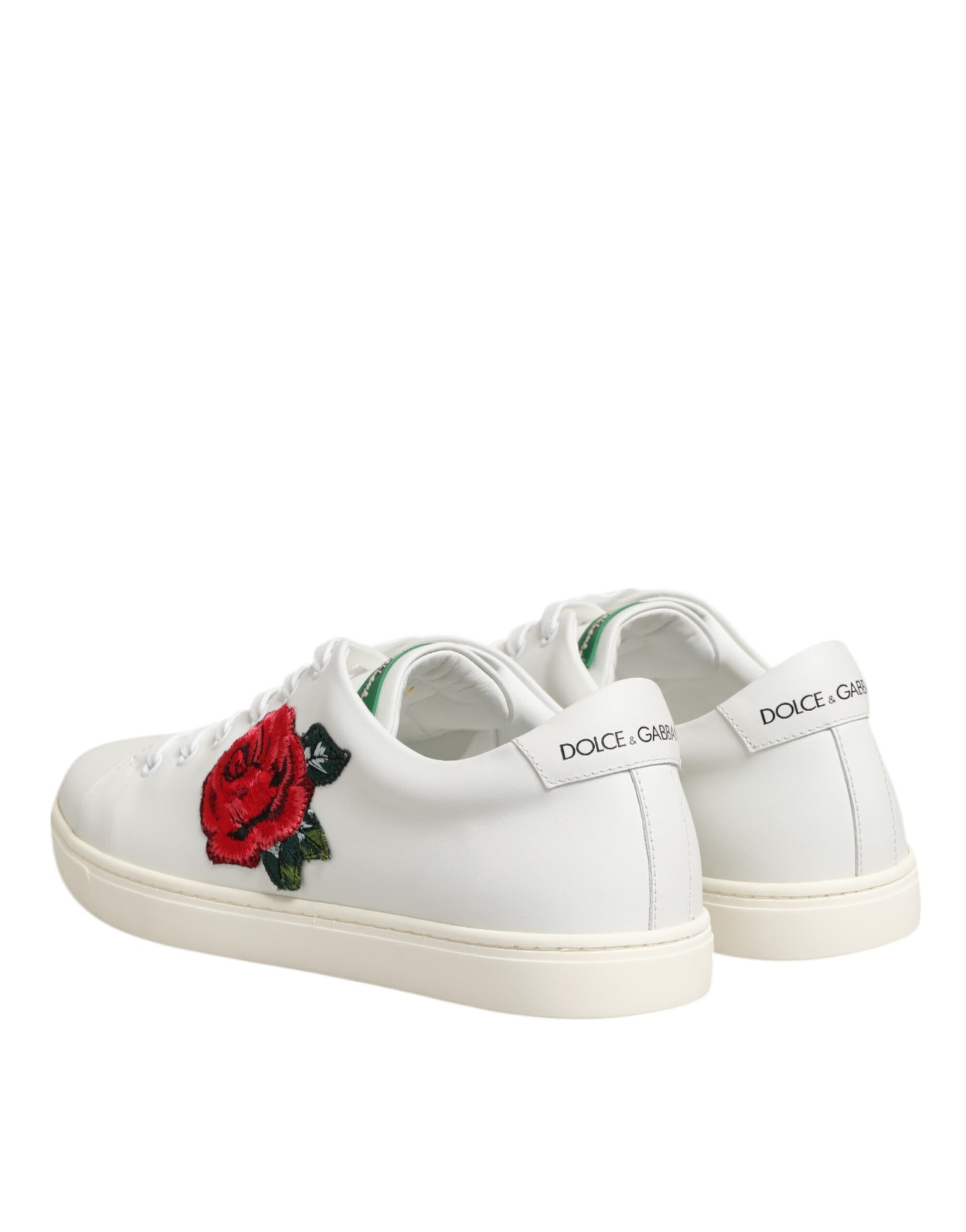 Dolce & Gabbana White Leather Rose Embroidery Low-Top Shoes