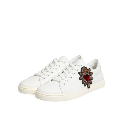 Dolce & Gabbana White Leather Sacred Heart Patch Sneakers Shoes