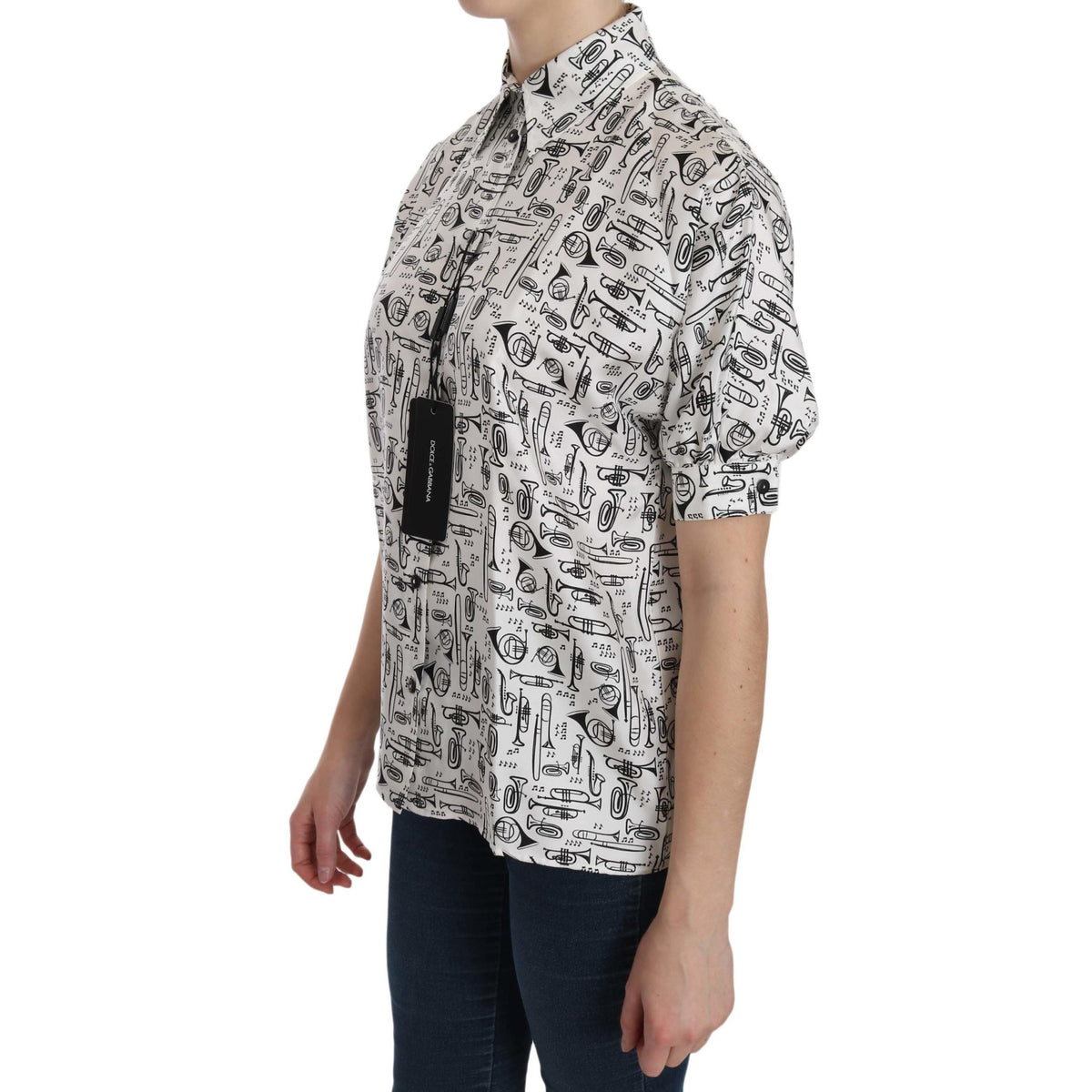 Dolce & Gabbana White Musical Instrument Collared Blouse Shirt