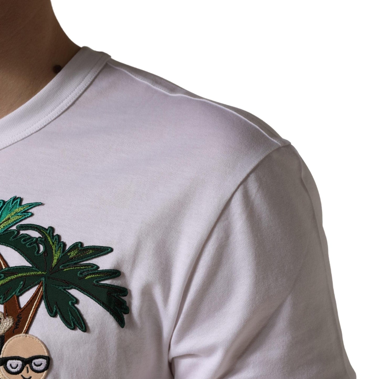 Dolce & Gabbana White Palm Embroidered Men Crew Neck T-shirt