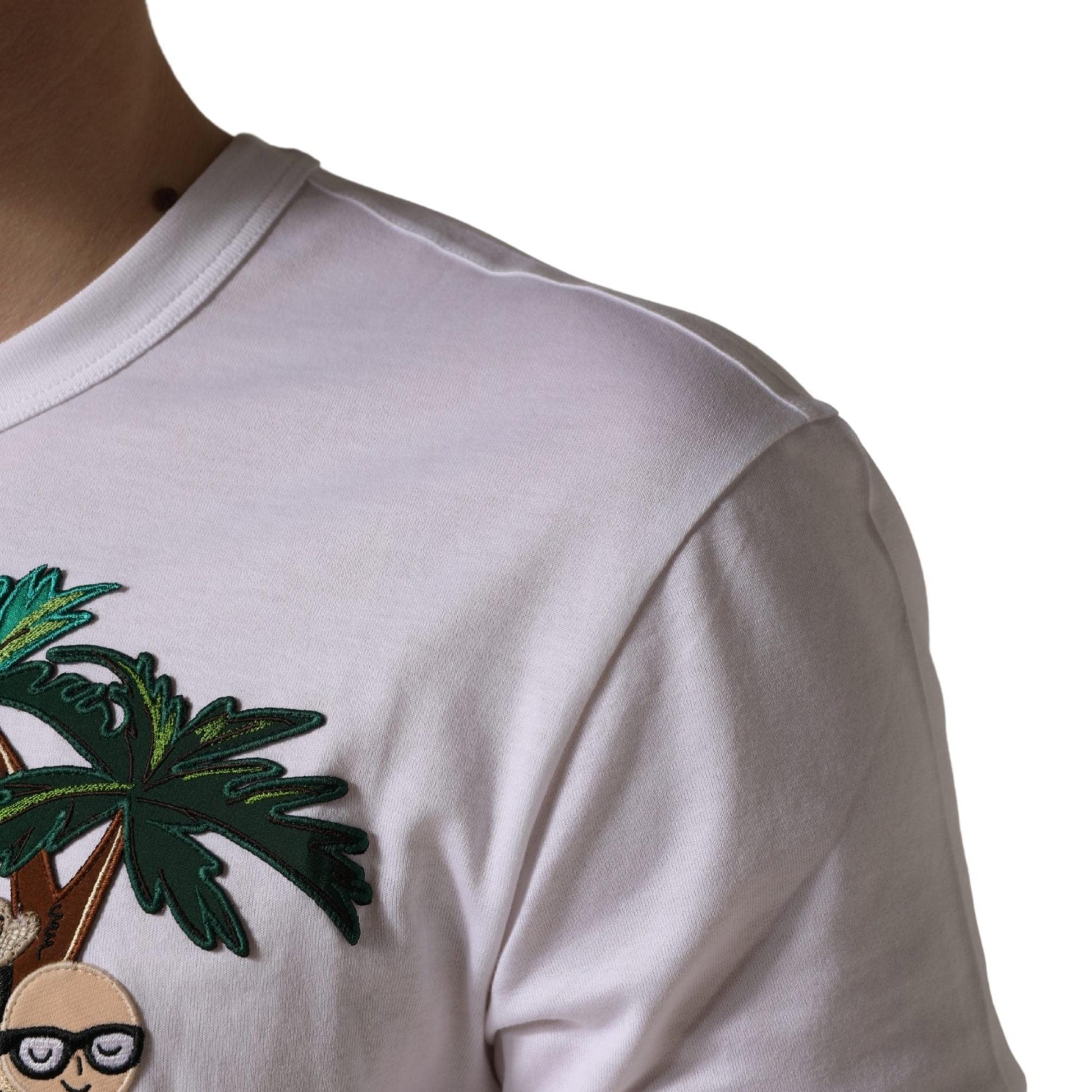 Dolce & Gabbana White Palm Embroidered Men Crew Neck T-shirt