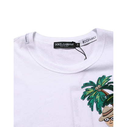 Dolce & Gabbana White Palm Embroidered Men Crew Neck T-shirt