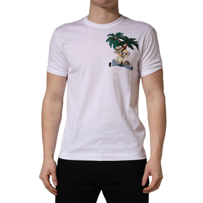 Dolce & Gabbana White Palm Embroidered Men Crew Neck T-shirt