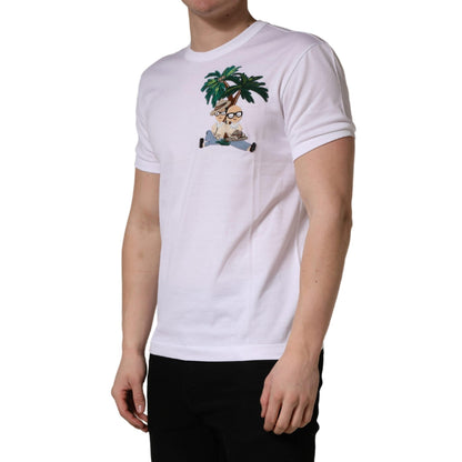 Dolce & Gabbana White Palm Embroidered Men Crew Neck T-shirt