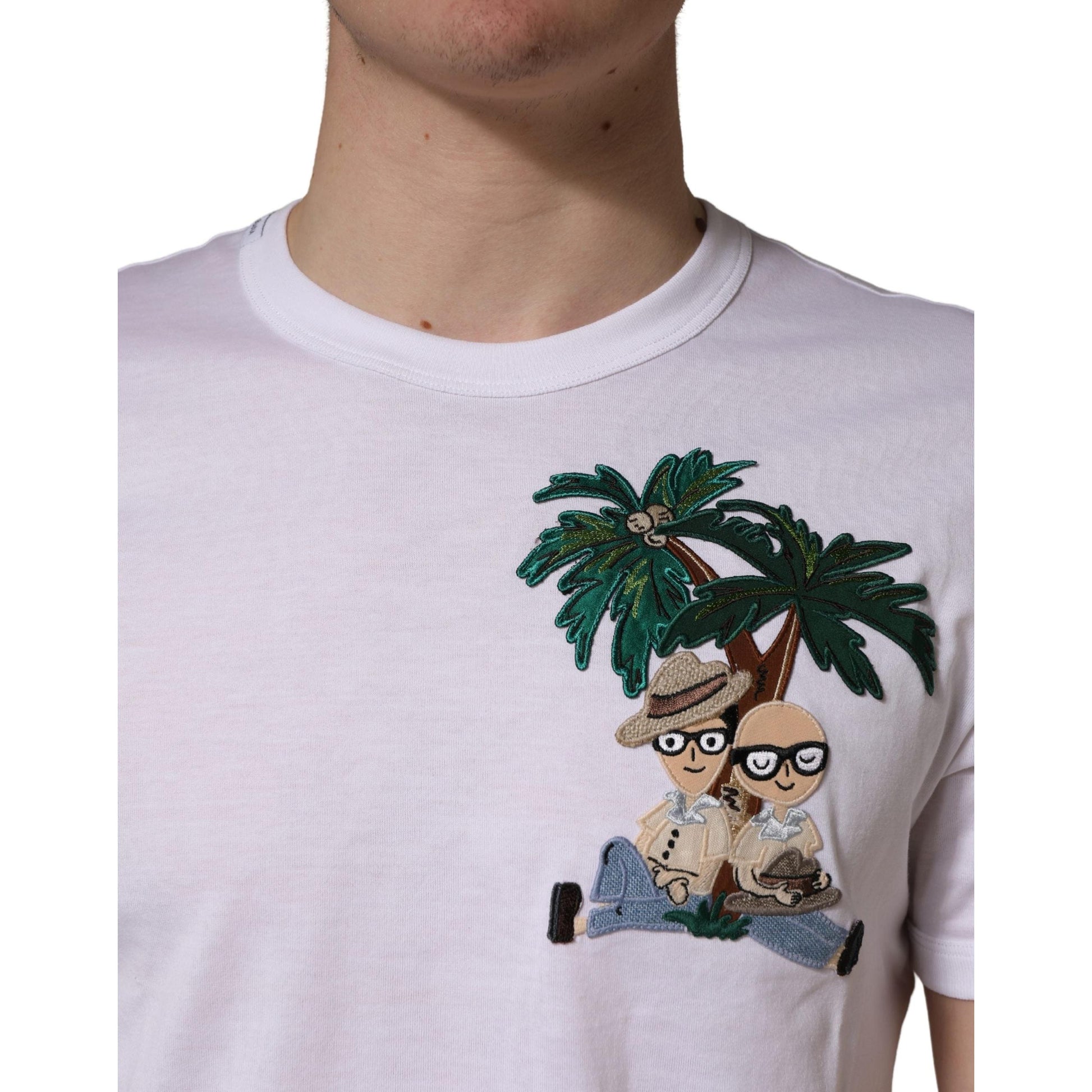 Dolce & Gabbana White Palm Embroidered Men Crew Neck T-shirt