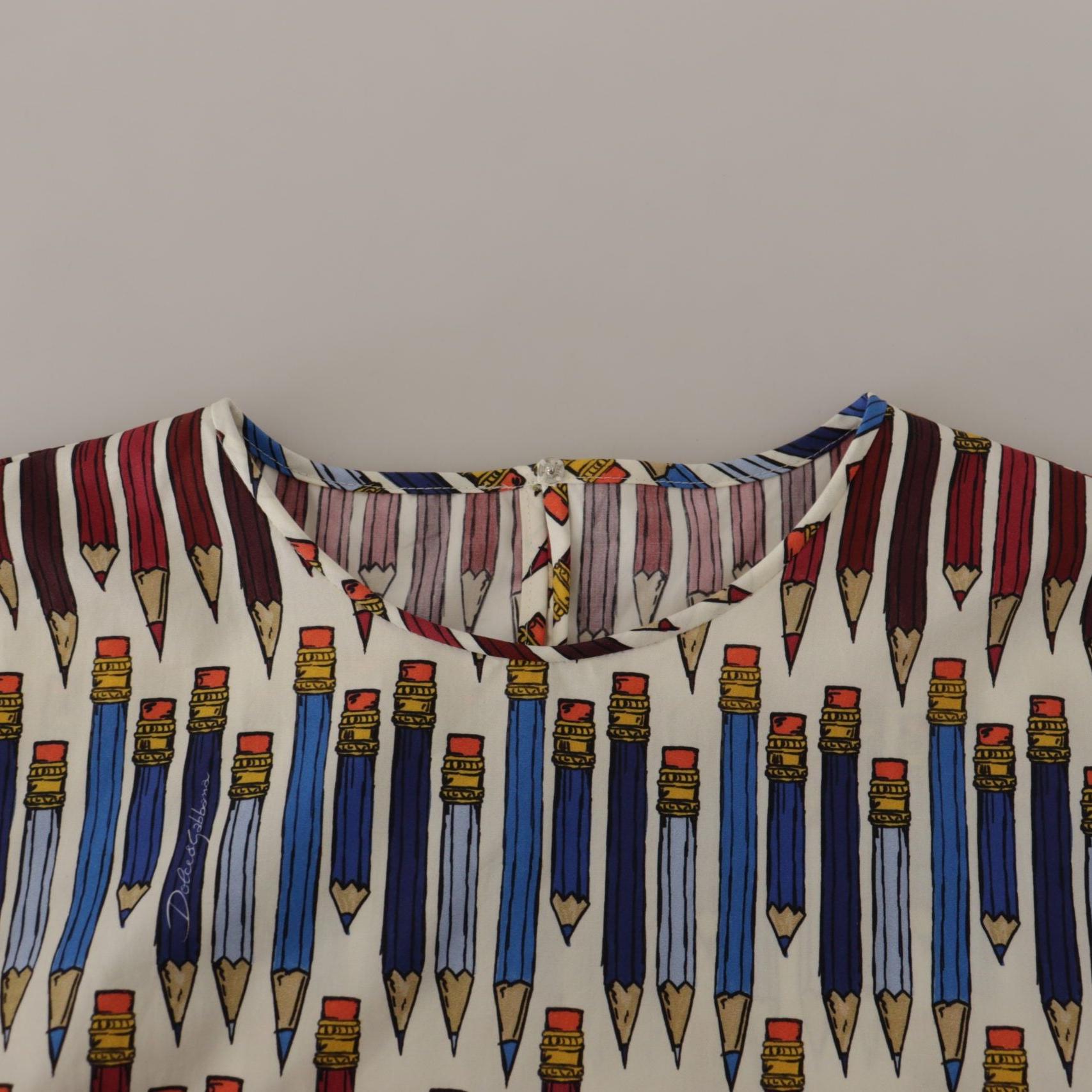 Dolce & Gabbana White Pencil Print Cotton T-shirt Blouse