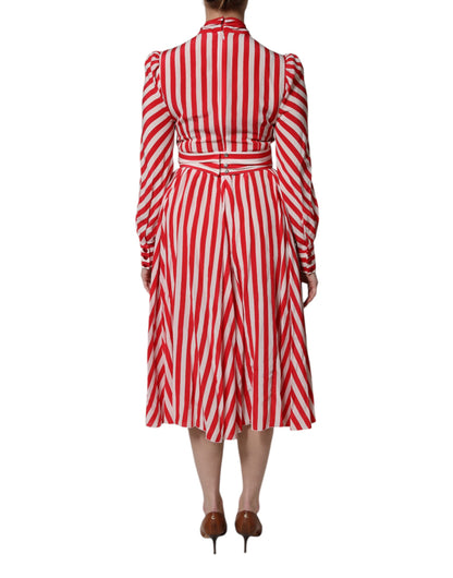 Dolce & Gabbana White Red Stripes Long Sleeves Midi Dress